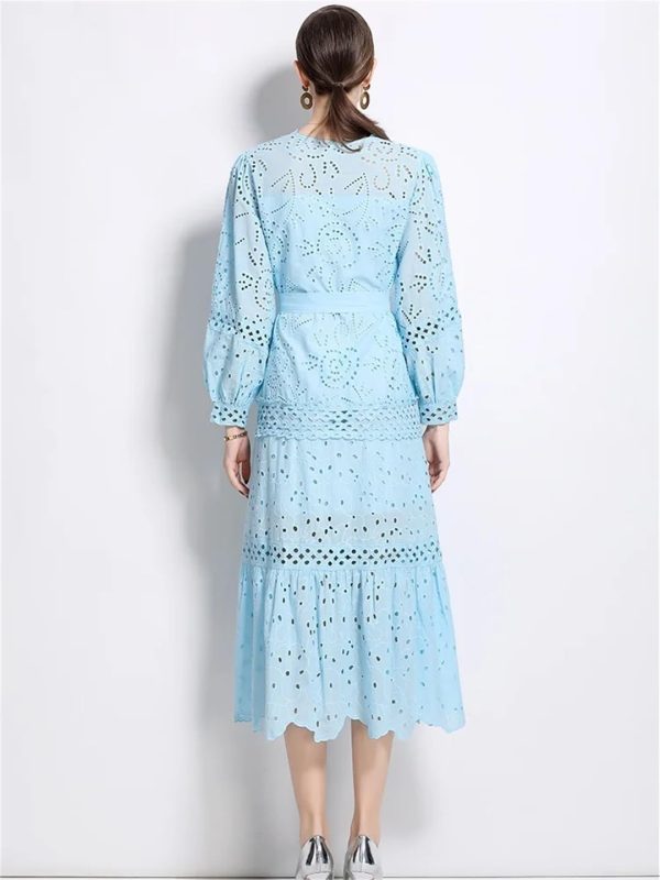 61pj-u9xBDL.jpg Women Solid Hollow Out Embroidery Dress V Neck Full Sleeve Spliced Lace Up Elegant Dress