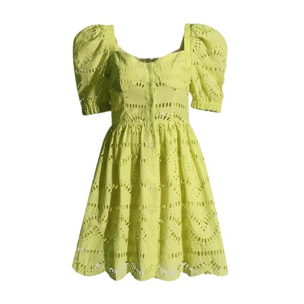 61q1pT7rniL.jpg Women Hollow Out Mini Square Collar Puff Sleeve High Waist Slimming Hit Color Print Short Dress