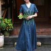 Women High Waisted Long A-Line Dress Embroidery Floral Vintage Cardigan Single Breasted Denim Dress
