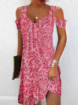Summer Dresses for Women 2025 Cold Shoulder V Neck Vintage Print A-Line Dress Beach Vacation Boho Mini Sundress