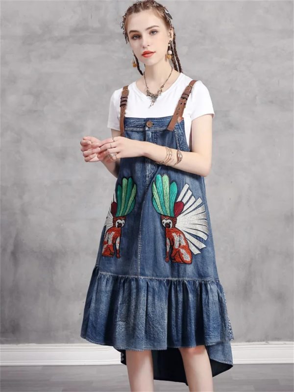 61qgANyZ1xL.jpg Women Vintage Asymmetrical A-Line Embroidery Sleeveless Spaghetti Straps Dress Loose Split Denim Dress