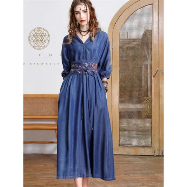 61qvQKkfIL.jpg Women Vintage Blue A-Line High Waisted Retro Dresses Three Sleeve Belt Embroidery Denim Dress