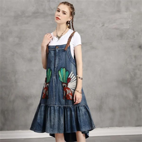 61r22wKpzCL.jpg Women Vintage Asymmetrical A-Line Embroidery Sleeveless Spaghetti Straps Dress Loose Split Denim Dress