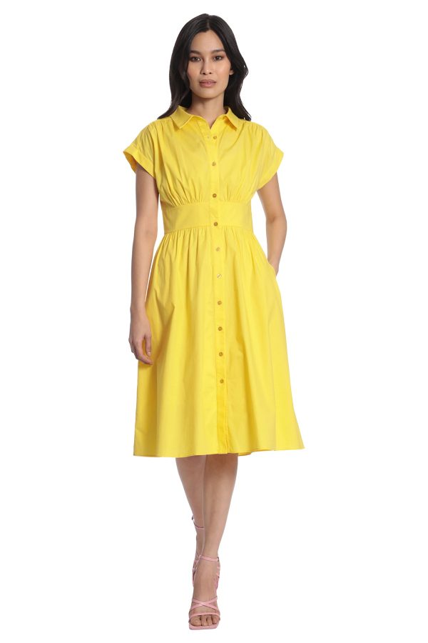 Women's Cap Sleeve Collar Dress with Wide Waistband and Front Placket