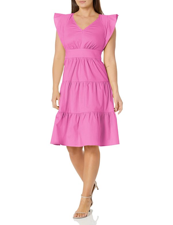 Women's Cotton Poplin V-Neck Tiered Feminine Easy Summer Vacation Dress