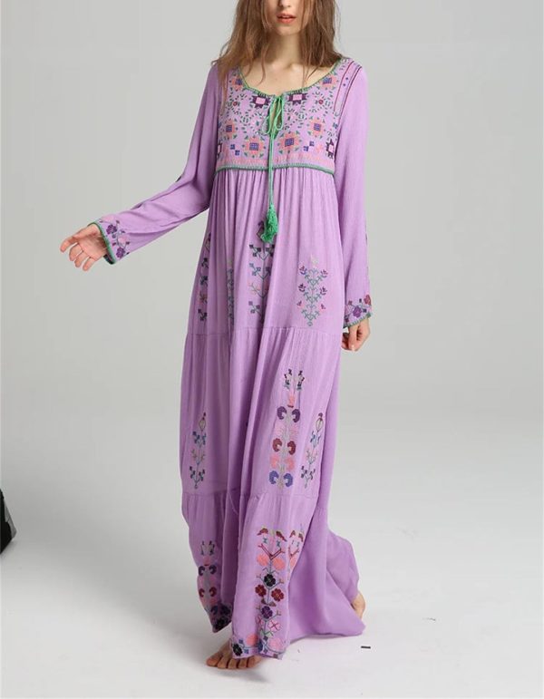 61rnIsvvFrL.jpg Women's Boho Embroidery Long-Sleeved Floral V Neck Holiday Maxi Dresses