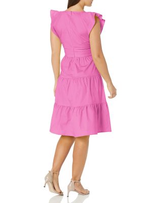 Women's Cotton Poplin V-Neck Tiered Feminine Easy Summer Vacation Dress