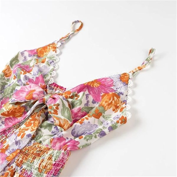 61rzr6z9ixL.jpg Front Knotted Floral Print Slip Dress Women V Neck Spaghetti Straps Elastic Waist A Line Short Summer Skirt