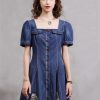 61sCoKjZFL.jpg Women Square Collar Vintage Short A-Line Dress Slim Split Joint Single Breasted Mini Puff Sleeve Denim Dress