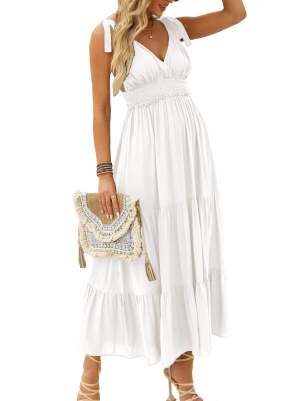 61sZaNjsDL.jpg Women's Summer V Neck Tie Strap Maxi Dress Halter Ruffle Hem Long Dresses Spaghetti Strap Long Flowy Dresses