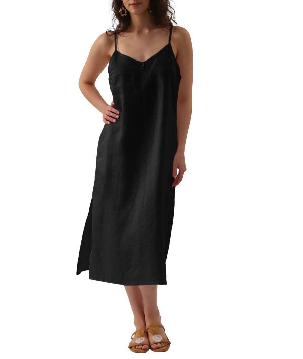 61sa47ZhBL.jpg Womens Pure Linen Summer V Neck Midi Spaghetti Strap Slip Dress with Pockets