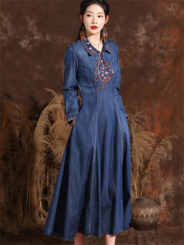 61tJbvFqiL.jpg Women Turn-Down Collar Embroidery Split Joint A-Line Jeans Dress Chinese Long Denim Dress