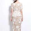 61tpO5KH1ZL.jpg Womens Elegant Temperament Lapel Short Sleeved Lace Hollow Out Dress Slim Waist Dress