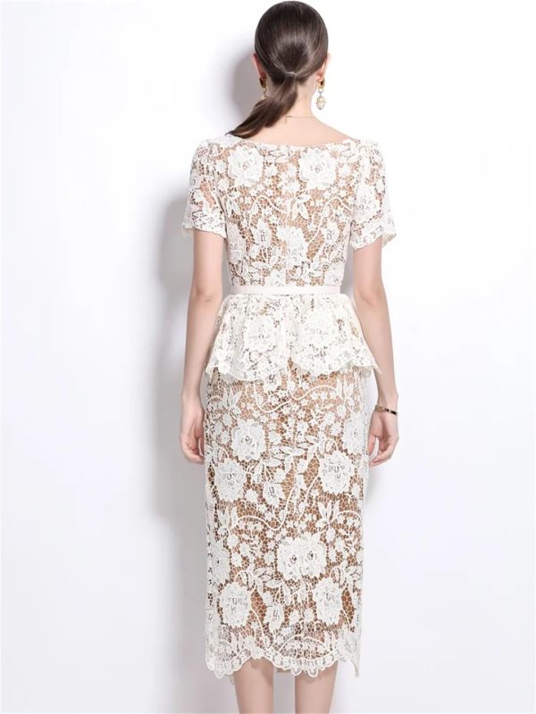 61tpO5KH1ZL.jpg Womens Elegant Temperament Lapel Short Sleeved Lace Hollow Out Dress Slim Waist Dress