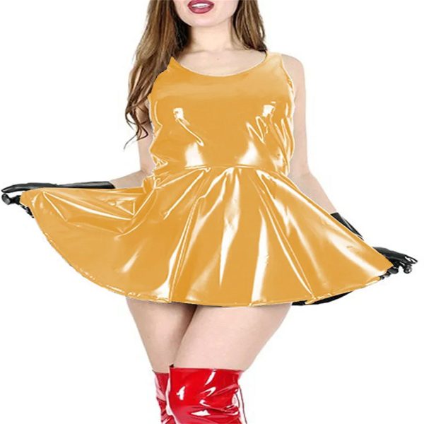 61uA56ZYFtL.jpg Plus Size Women Sleeveless Round Neck Summer Dress Shiny Latex A-Line Mini Daily Dress