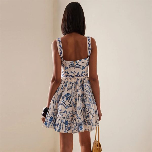 61v8-Zjs8RL.jpg Women Colorblock Slimming Spliced Printing Square Neck Sleeveless Patchwork Folds Mini Dress