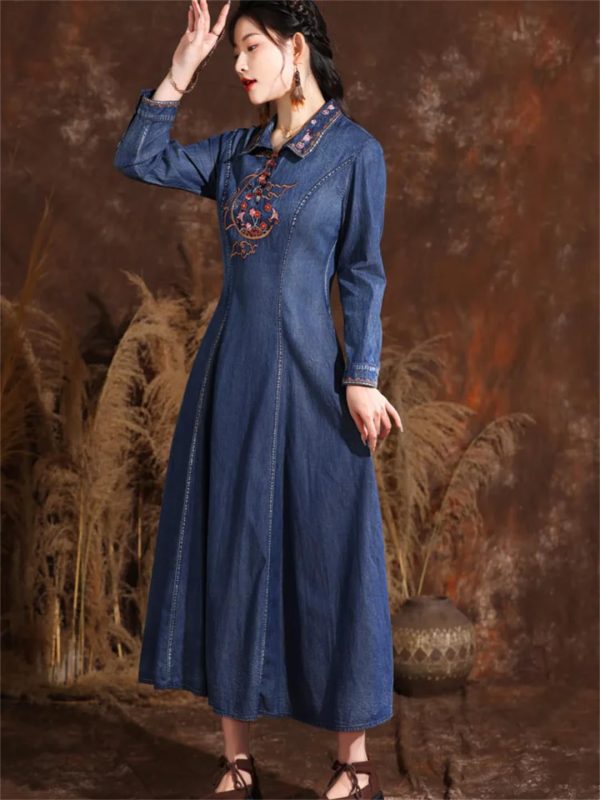 61vBoT9XIsL.jpg Women Turn-Down Collar Embroidery Split Joint A-Line Jeans Dress Chinese Long Denim Dress