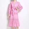 61wak-zh3gL.jpg Women Solid Hollow Out Embroidery Dress V Neck Full Sleeve Spliced Lace Up Elegant Dress