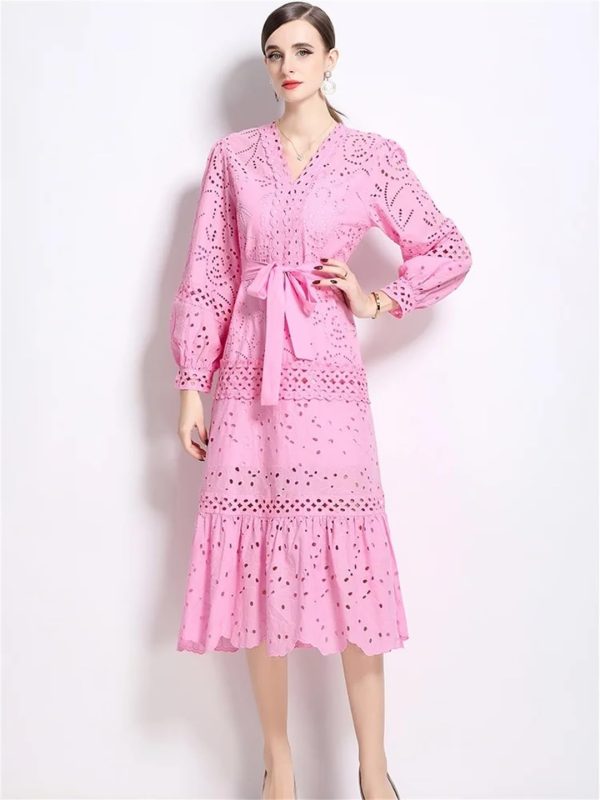 61wak-zh3gL.jpg Women Solid Hollow Out Embroidery Dress V Neck Full Sleeve Spliced Lace Up Elegant Dress