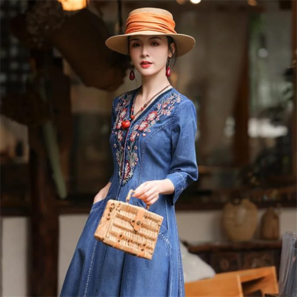 Women V-Neck Embroidery Flower Pockets Single Breasted Cardigan A-Line Vintage Slim Blue Denim Dress