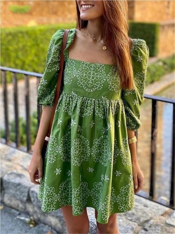 61y4XBtxhL.jpg Boho Puff Sleeve Mini Dress Women Embroidery Hollow Out Casual Loose Short Beach Dress Lightweight Summer