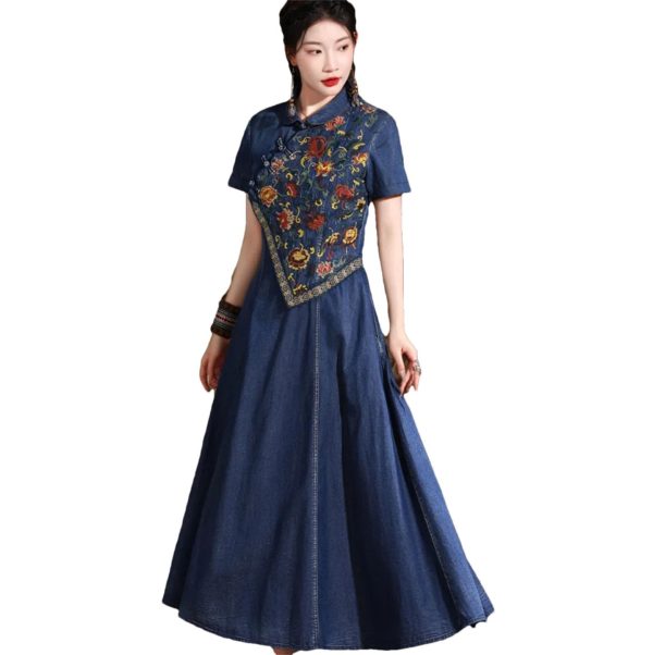 61yBr4fVaWL.jpg Women Chinese Vintage A-Line Dress Split Joint Midi Denim Dress Embroidery Floral Long Shirt Dress