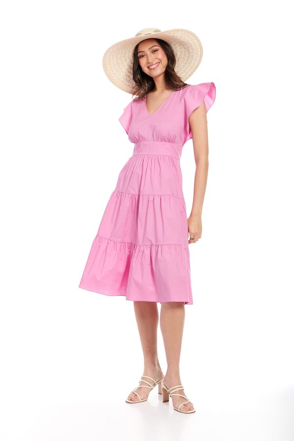 Women's Cotton Poplin V-Neck Tiered Feminine Easy Summer Vacation Dress