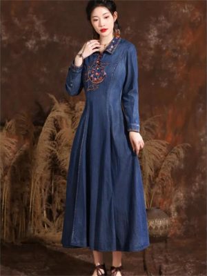 Women Turn-Down Collar Embroidery Split Joint A-Line Jeans Dress Chinese Long Denim Dress