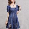 61ylwcwHtL.jpg Women Square Collar Vintage Short A-Line Dress Slim Split Joint Single Breasted Mini Puff Sleeve Denim Dress