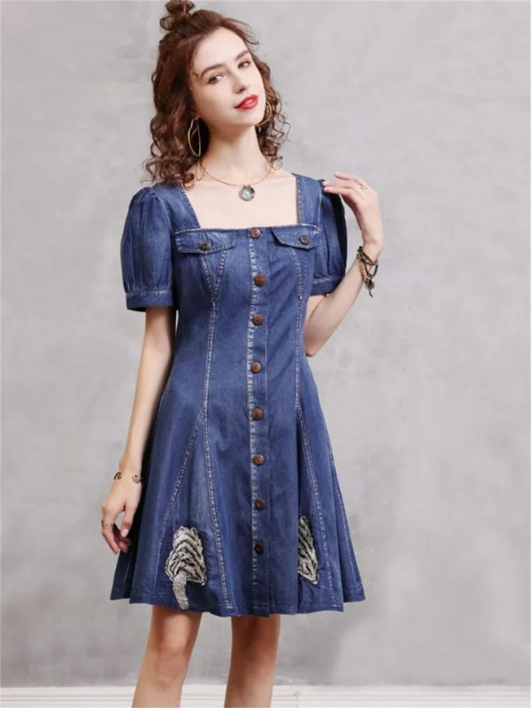 61ylwcwHtL.jpg Women Square Collar Vintage Short A-Line Dress Slim Split Joint Single Breasted Mini Puff Sleeve Denim Dress