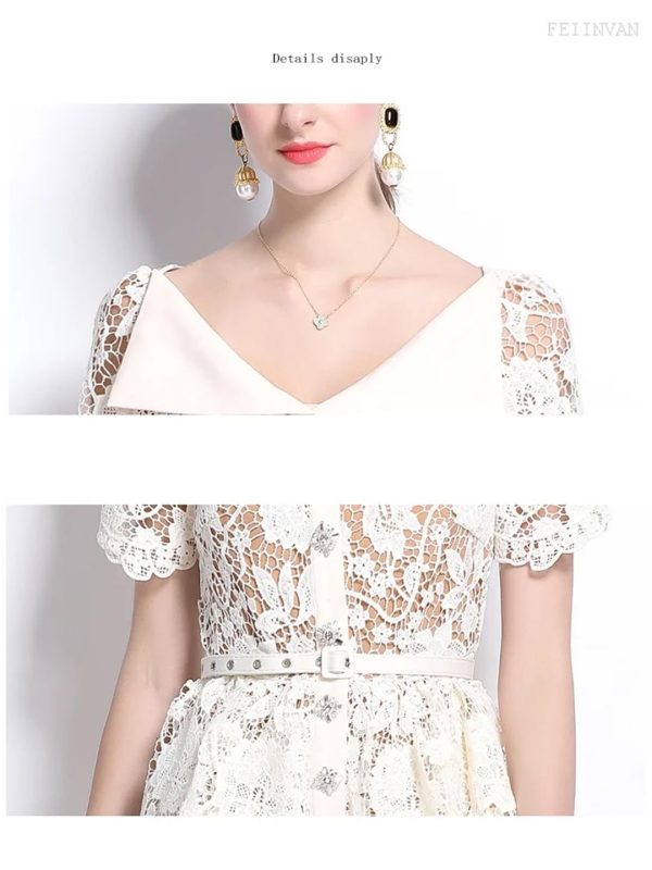 61yvb0amd1L.jpg Womens Elegant Temperament Lapel Short Sleeved Lace Hollow Out Dress Slim Waist Dress