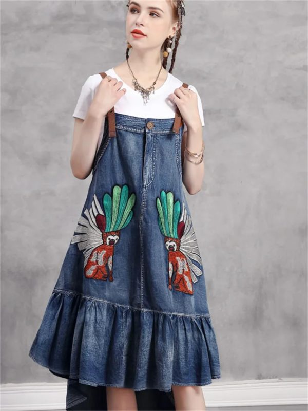 61yxzk0yjPL.jpg Women Vintage Asymmetrical A-Line Embroidery Sleeveless Spaghetti Straps Dress Loose Split Denim Dress