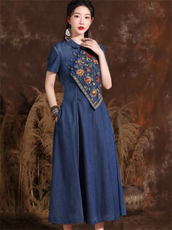61zNqxlAr8L.jpg Women Chinese Vintage A-Line Dress Split Joint Midi Denim Dress Embroidery Floral Long Shirt Dress