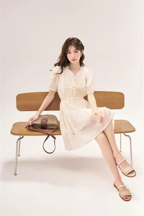61zUMzhw8hL.jpg Women Puff Sleeve V-Neck Lace-Up A-LINE Knee-Length Slim Fit Dresses