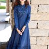 Women Stand Collar Embroidery Split Joint Ruffles A-Line Vintage Slim Embroidery Long Sleeve Denim Dress