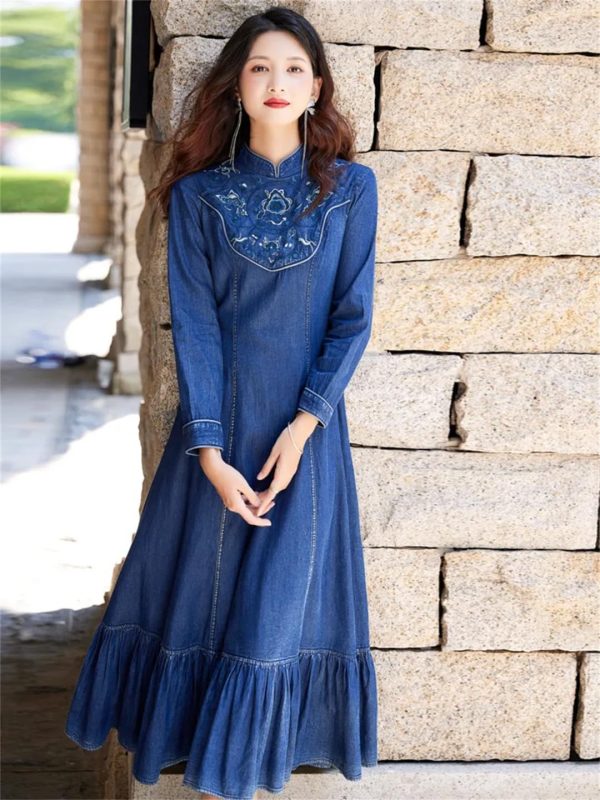 Women Stand Collar Embroidery Split Joint Ruffles A-Line Vintage Slim Embroidery Long Sleeve Denim Dress