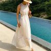 Women Elegant Maxi Halter Hollow Out Sleeveless Vocation Casual Ladies Beach Dresses