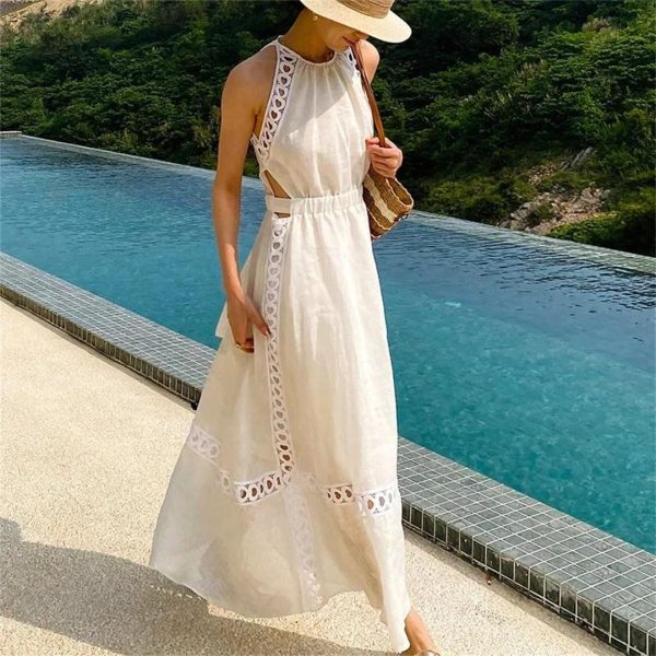 71-TrgnKSvL.jpg Women Elegant Maxi Halter Hollow Out Sleeveless Vocation Casual Ladies Beach Dresses