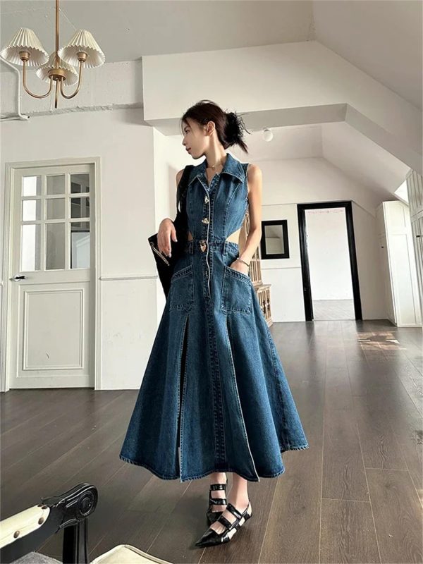71-aoNU4WAL.jpg Women Elegant One-Piece with Slit Cut-Out Blue Jean Sundress Sleeveless Denim Dress