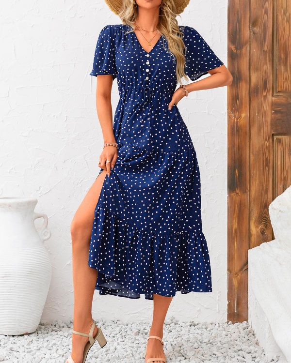 710H1Vjit8L.jpg Women Summer Dresses 2025 Casual Short Sleeve V Neck Split Maxi Dress Button Drawstring Beach Long Dress