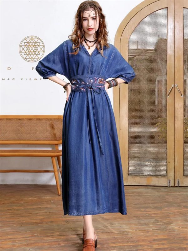 711lKu5nbYL.jpg Women Vintage Blue A-Line High Waisted Retro Dresses Three Sleeve Belt Embroidery Denim Dress