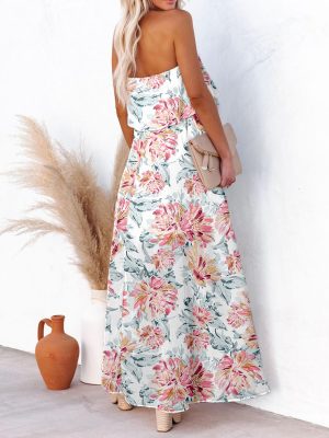 Womens Strapless Dresses Casual Summer High Waist Side Split Flowy Boho Maxi Dress