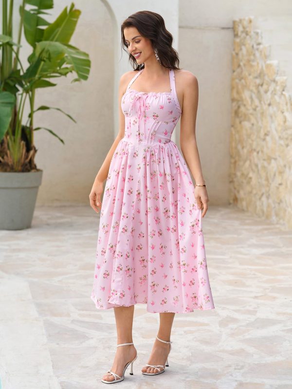 Summer Floral Corset Midi Dress Halter Smocked Sundress Flowy A Line Beach Wedding Guest Dresses for Women 2025