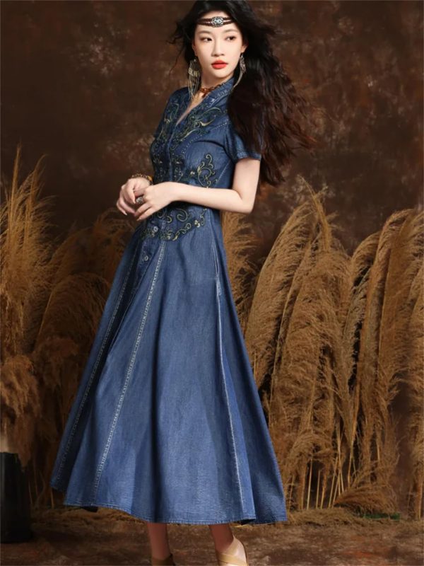 714aQ2DkdVL.jpg Women Asymmetrical Single Breasted Vintage A-Line Denim Dresses V-Neck Retro Embroidery Slim Jeans Dress
