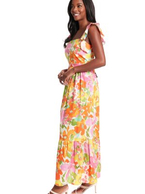 Women's Elastic Ruffle Sleeve Square Neck Maxi Dress Easy Summer Fun Vacation