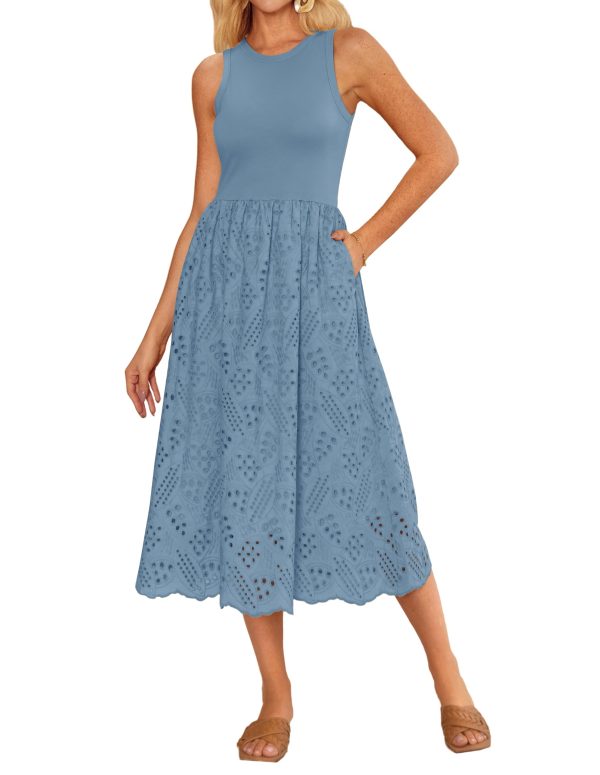Women's Summer Sleeveless Tank Dress A Line Midi Dress Eyelet Crewneck Casual Holiday Dress with Pockets