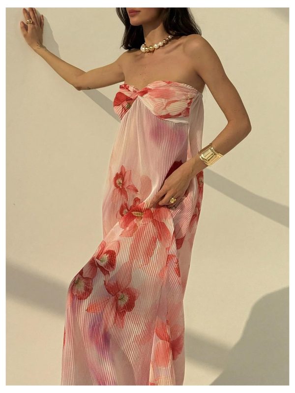Women's Summer Floral Tube Dress Twist Front Strapless Vacation Beach Dresses Maxi Dress