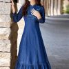 Women Stand Collar Embroidery Split Joint Ruffles A-Line Vintage Slim Embroidery Long Sleeve Denim Dress