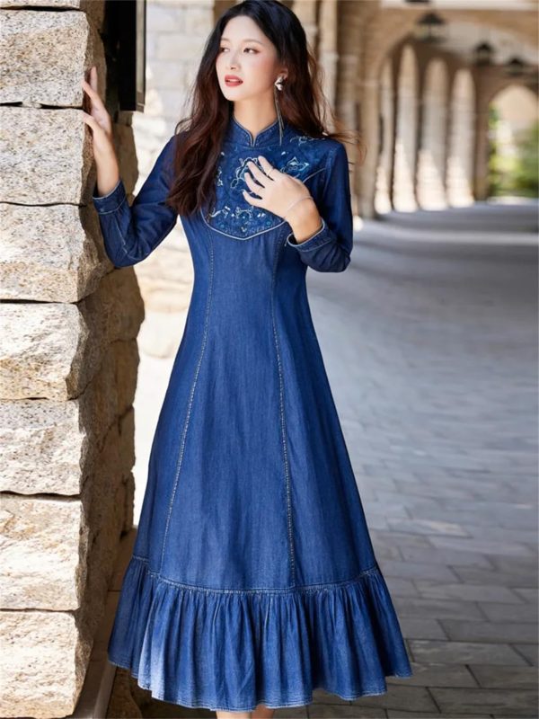 Women Stand Collar Embroidery Split Joint Ruffles A-Line Vintage Slim Embroidery Long Sleeve Denim Dress