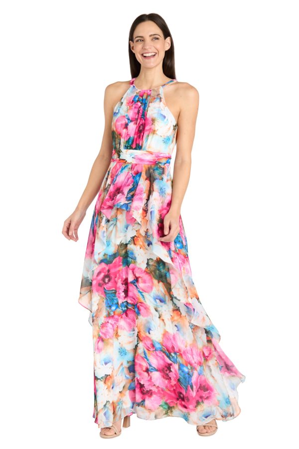 716H5ArlkaL.jpg Flowing Watercolor Floral Halter Maxi Dress W/Tiered Ruffle Hem